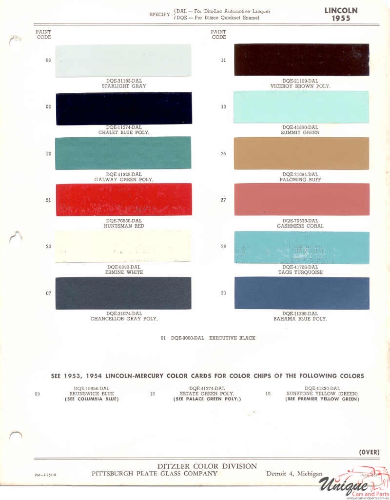 1955 Lincoln Paint Charts PPG 1